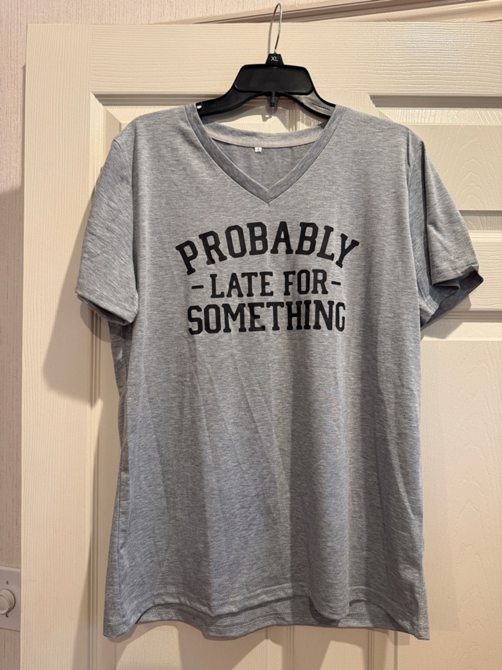 Gray V-Neck Graphic Tee - "Probably Late For Something"